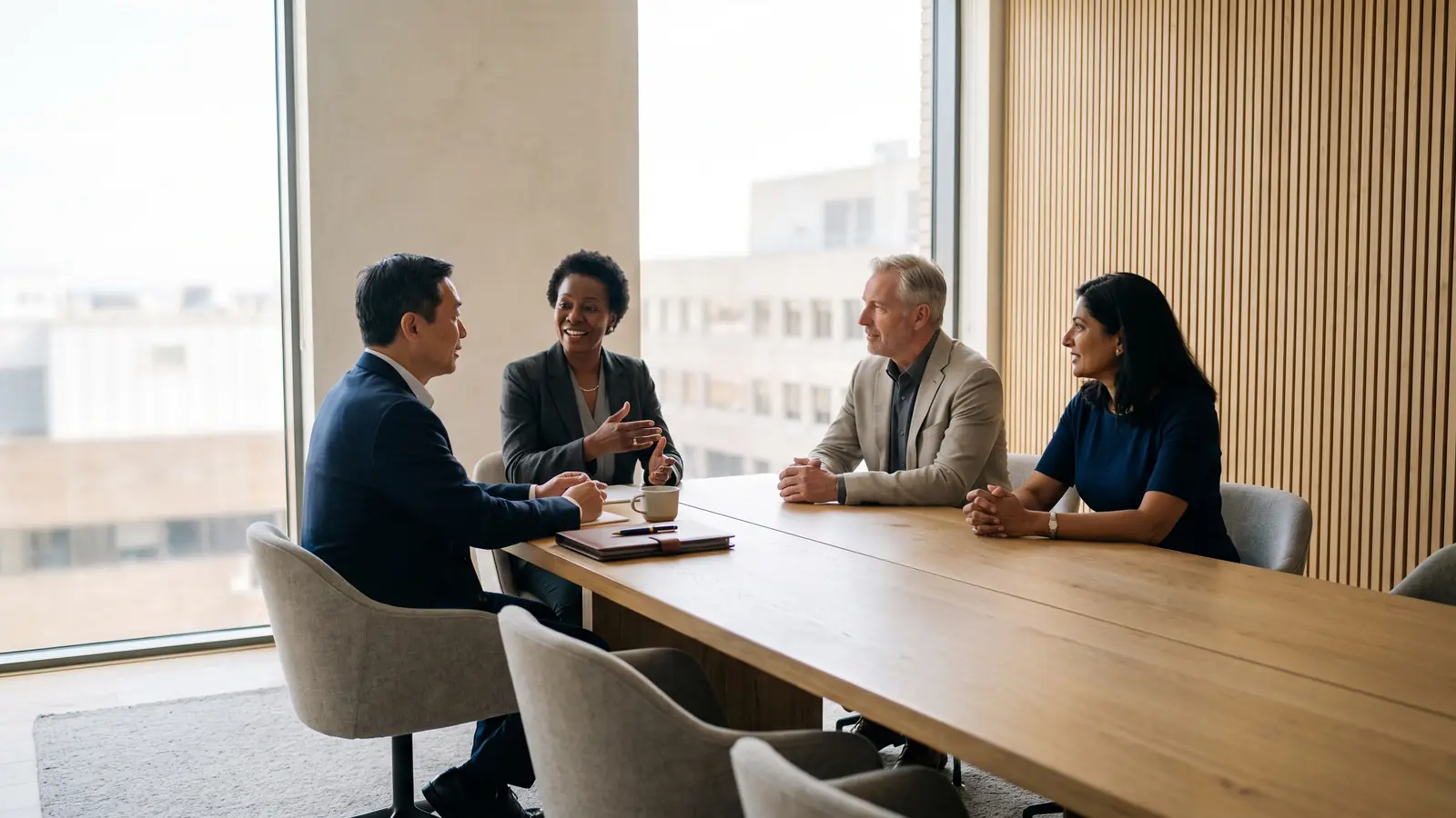 Senior leaders reviewing the numbers in a calm London boardroom